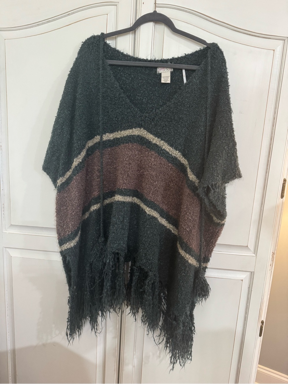 Free People Green Fringe Poncho with Brown and Cream Stripes